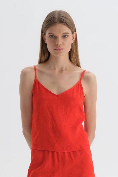 Dagi Red Fixed Strap Viscose Athlete Pajamas Top