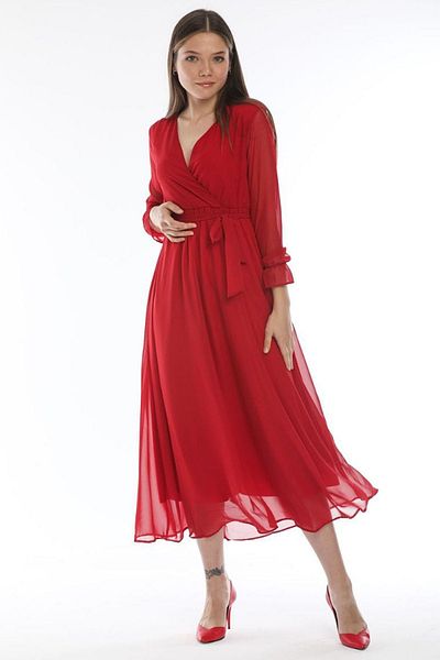 Elbise Delisi Red Double-breasted Collar Plus Size Chiffon Dress