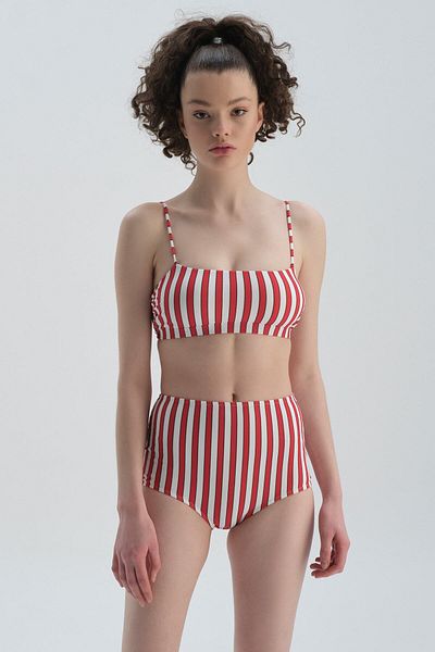 Dagi Rot-weißes, kompaktes Bikini-Unterteil mit hoher Taille