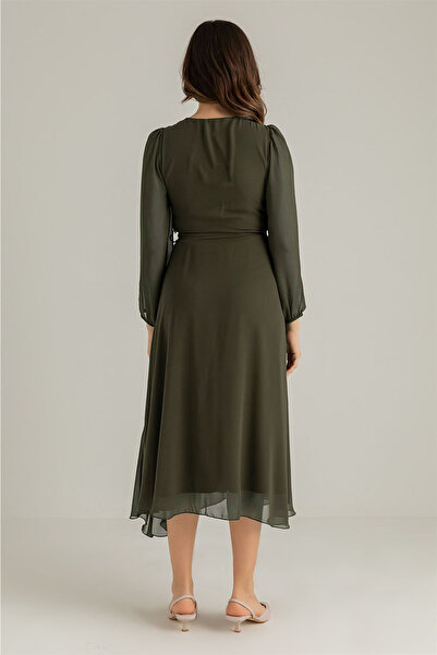 Elbise Delisi Khaki Balloon Sleeve Double Breasted Midi Length Chiffon Lined Plus Size Dress Sk