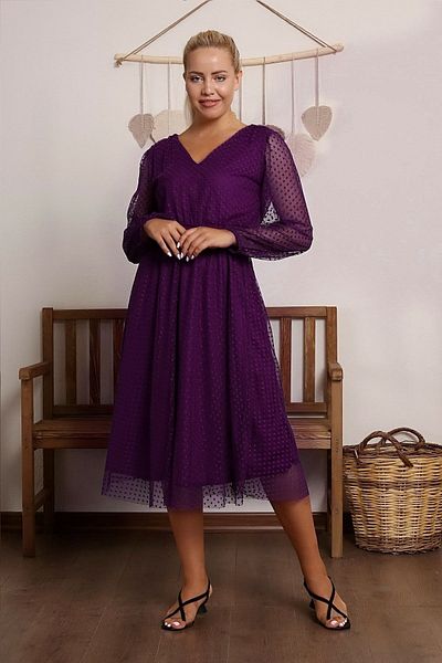 Elbise Delisi Purple Lined Polka Dot Tulle Plus Size Belted Dress Sk