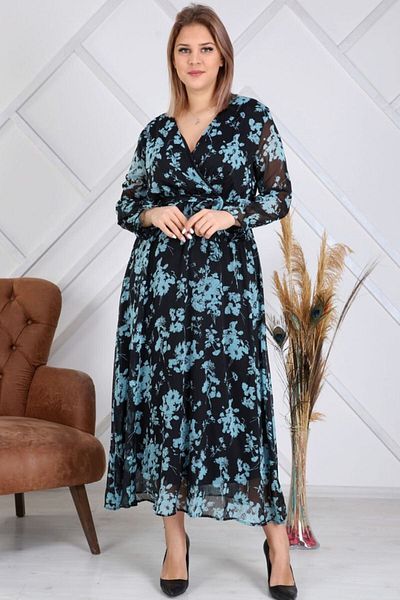 Elbise Delisi Women's Turquoise Leaf Detailed Double-breasted Belted Dress