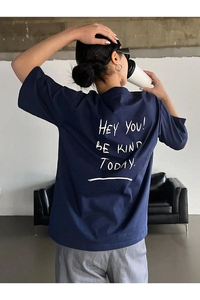 trendgar تي شيرت كبير الحجم مطبوع عليه عبارة "Hey You" باللون الكحلي