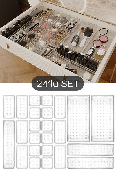 Meleni Home Set of 24 - Modular Drawer Inside Desktop Organizer - Jewelry Organizer Transparent