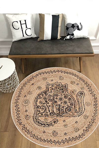 MUA HOME DECOR Kedili Hasır Desendijital Baskı Yıkanabilir Kaymaz Taban Salon...