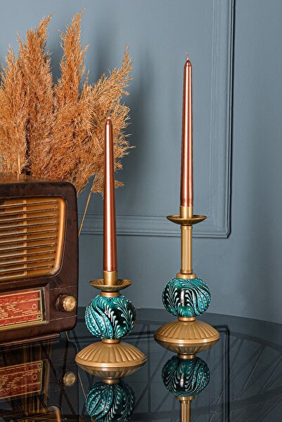 DEDE Ikili Yeşil Çinili Mumluk Eskitme Dekoratif Obje