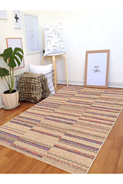 MUA HOME DECOR Hasır Desen Dijital Baskı Yıkanabilir Kaymaz Taban Salon Mutfa...