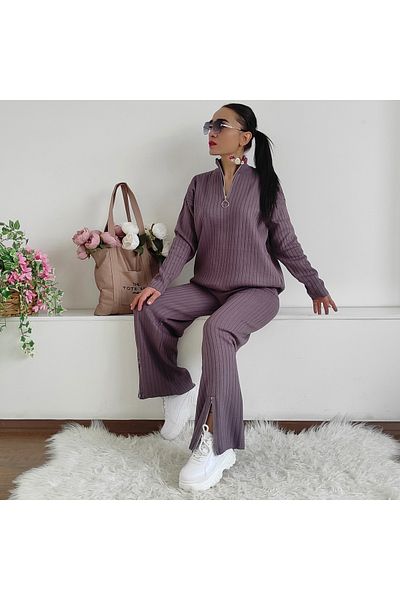 İpli Double Knitwear Set with Zippered Legs