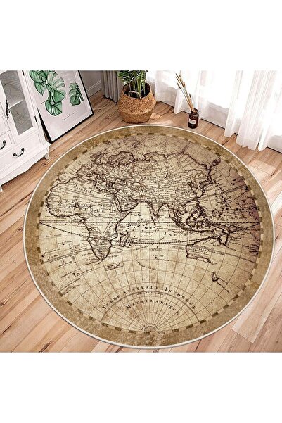 MUA HOME DECOR Yuvarlak Harita Desen Dijital Baskı Yıkanabilir Kaymaz Taban S...