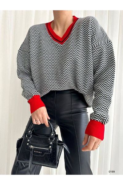 rengamoda Pulover de damă, cu decolteu în V, cu model în zig-zag, cu mâneci, detaliu de culoare, cu potrivire confortabilă (colorat)