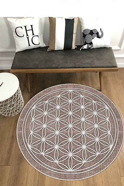 MUA HOME DECOR Yuvarlak Jüt Desen Dijital Baskı Yıkanabilir Kaymaz Taban Ince...