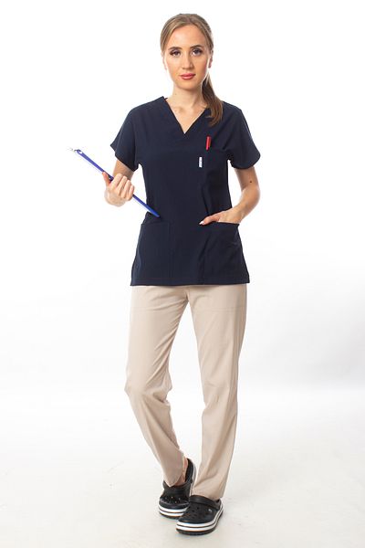 Simirna Üniforma Premium Fabric Lycra Surgical Doctor Nurse Top Navy Bottom Cream Jersey Suit
