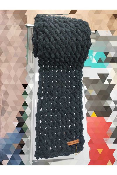 BODUR EMBROIDERY Scarf Puffy 100% Hand Knitted 200 * 22 Cm *Black Color*
