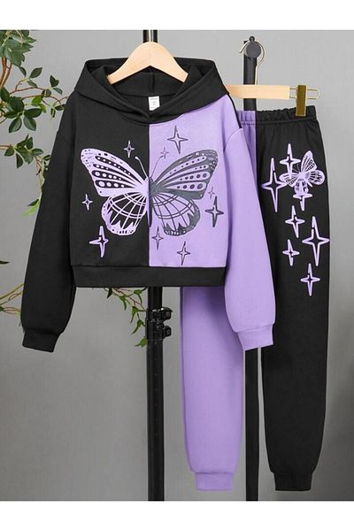Machetta Children's Butterfly Printed Two Color Bottom Top Tracksuit Set
