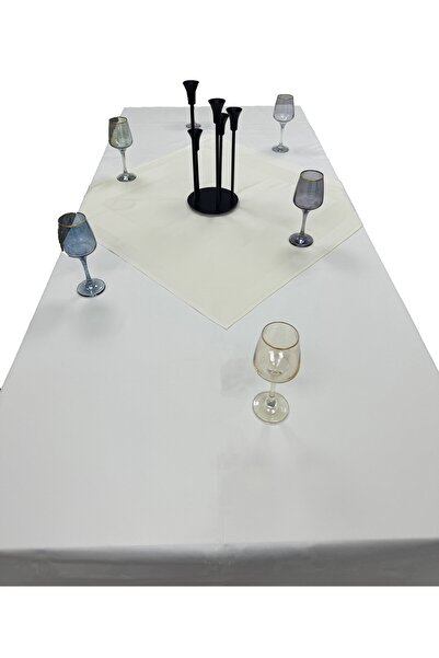 HitDukkan Krem 2 Adet 80cmx80cm ve 130cmx280cm Çift Kat Pamuklu Atlas Kenarlı Masa Örtüsü 3 lü Set