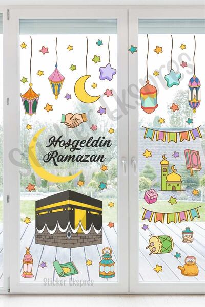 Sticker Ekspres Kabe Ve Renkli Ramazan Fenerleri Ramazan Cam Duvar Kapı Sticker Seti