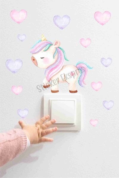 Sticker Ekspres Sevimli Unicorn Ve Kalpler U2 Priz Üstü Sticker