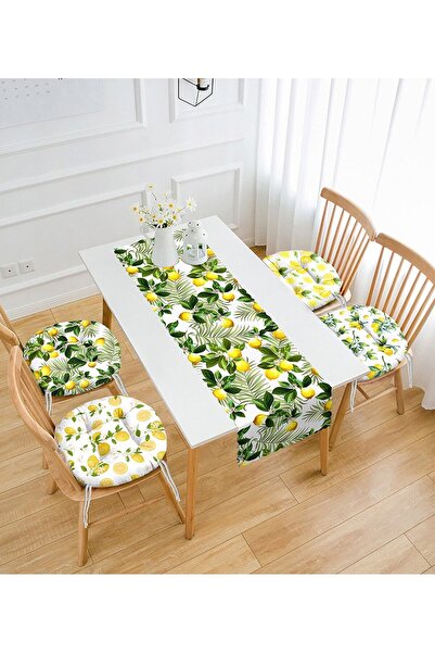 Nish & Royal Limon Motifli 4 Yuvarlak Pofidik Sandalye Minderi Ve 1 Runner Seti