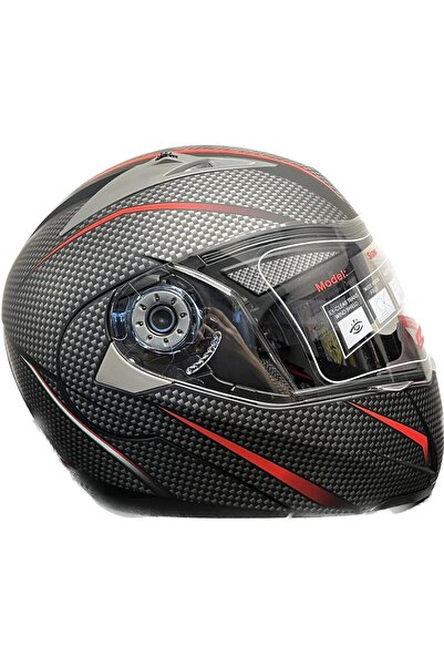 Tex Güneş Vizörlü Tam Kapalı Çeneden Açılır Gri Kırmızı Desenli Motosiklet Kaskı