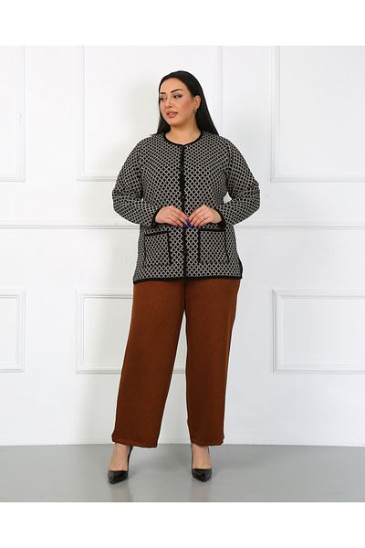 YASEŞA BUTİK YUNGE MOM WOMEN'S LARGE SIZE NİDA BLACK - CREAM HONEY COMB PATTERNED BUTTONED POCKET SLIT Knitwear Cardigan