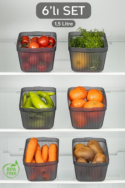 Meleni Home Perry Set of 6 Kitchen Refrigerator and Freezer Container - 1.5 Lt Smoked