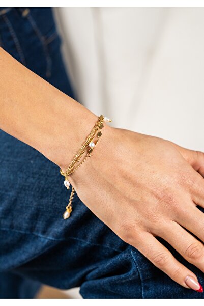 jewine studio سوار نسائي، موديل الشعير المعتمد باللؤلؤ وسوار ذهبي ثلاثي من ال...