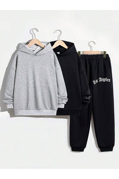 AMMA Unisex Black Gray Los Angeles Printed Bottom Top 2-Piece Sweatshirt 3-Piece Tracksuit Set
