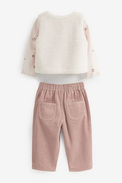 Next Baby Cotton Ecru Corduroy Pants Borg Plush Jacket Body 3-Piece Top and Bottom Set