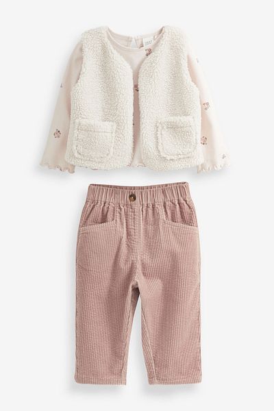 Next Baby Cotton Ecru Corduroy Pants Borg Plush Jacket Body 3-Piece Top and Bottom Set