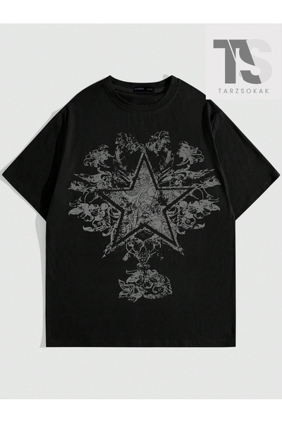 Tarzsokak Grunge Punk Erkek Yıldız ve Çiçek Baskılı Tişört