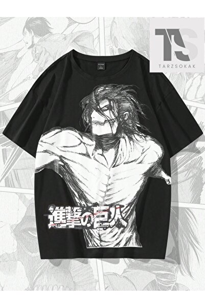 Tarzsokak X Attack on Titan Erkek Figürü ve Japon Harfli Grafik Tişört