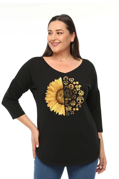 Curvy Trend Plus Size Sun Flower Printed Wide V-Neck Half Sleeve Oval Slit Blouse