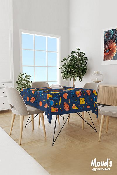 Moud's Navy Blue School Supplies Patterned Suede Carefree Tablecloth