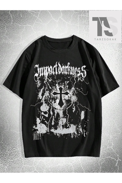 Tarzsokak Goth Erkekler Çapraz Harf Grafikli Tişört