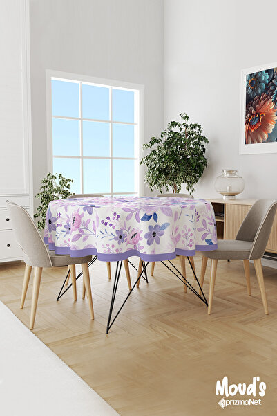 Moud's مفرش طاولة دائري من جلد الغزال بتصميم زهور أرجوانية فاتحة