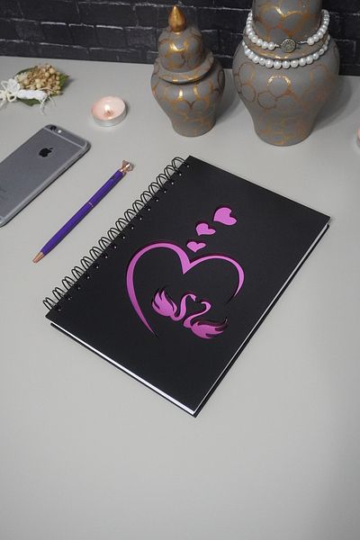 markcat Swan Love Design Black Wooden Cover Notebook Agenda - Diary - Unlined Notebook - Gift for Lover