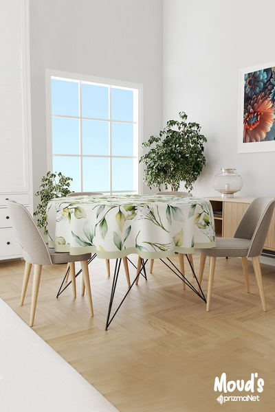 Moud's Yeşil Çiçek Demeti Desenli Yuvarlak Süet Dertsiz Masa Örtüsü