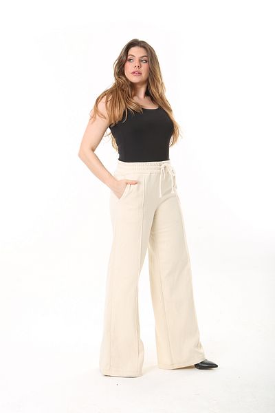 Şans Γυναικείο Plus Size Beige Ribbed με τρεις κλωστές ελαστικό μέσης και κορδόνι στο κάτω μέρος 65N37480
