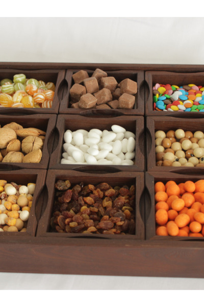 Numanoğlu Ahşap Bölmeli 9'lu Çerezlik Kase Ve Tepsi Seti Kapaklı | Doğal Dişb...