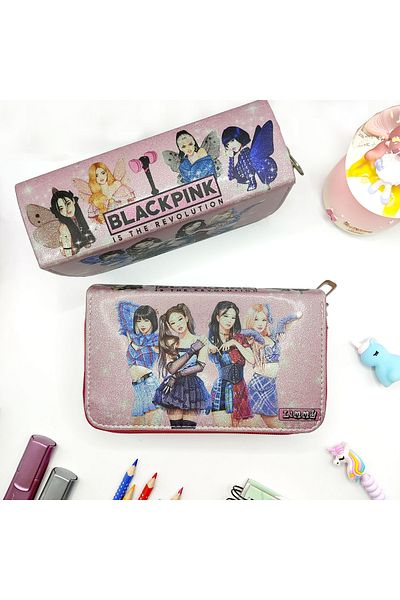 Limmy Glittery Sparkly Blackpink Blink Μολυβοθήκη Vegan Δερμάτινη θήκη για στυλό τριών διαμερισμάτων - Ροζ