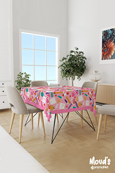 Moud's Pembe Kalem Kağıt Makas Desenli Süet Dertsiz Masa Örtüsü