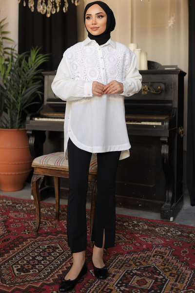 benguen 61640 Mintás gyöngygombos ing fehér