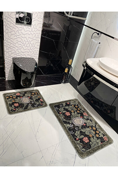 Brillant 2 li Çiçek Desenli 60x100 - 60x50 Botanic Lateks Taban Banyo Paspas