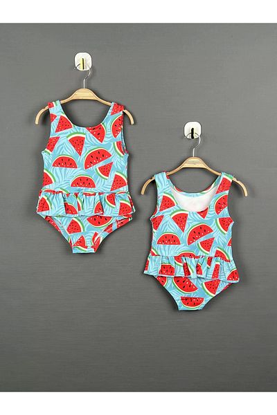 NSE Girl's Colorful Watermelon Patterned Swimsuit with Diving Fabric Skirt