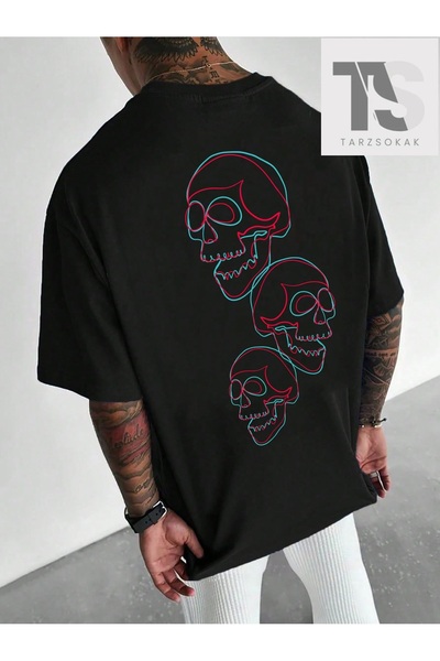 Tarzsokak Tricou larg pentru bărbați, cu imprimeu cu craniu și umeri căzuți