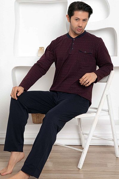 ALİMER Men's Claret Red O-Neck Placket Buttoned Long Sleeve Mini Polka Dot Lycra Pocket Pajamas Set EDY1190UK-B
