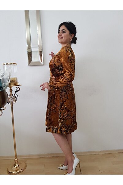 FERGAN Kadın Hardal Kadife Kruvaze Midi Boy Elbise