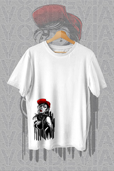 Vordevia Devojka sa šeširom Štampano Bela Oversize kroj T-shirt