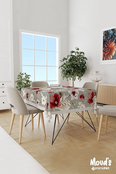 Moud's Red Green Floral Patterned Suede Carefree Tablecloth