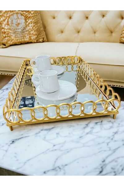 Akkoyunlu home Aynalı Halka Tepsi Lüx Gold Sunum Tepsisi